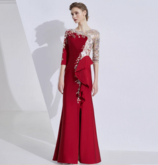 asymmetric gown with embroidered mesh bodice and ruffle trim - ELARA