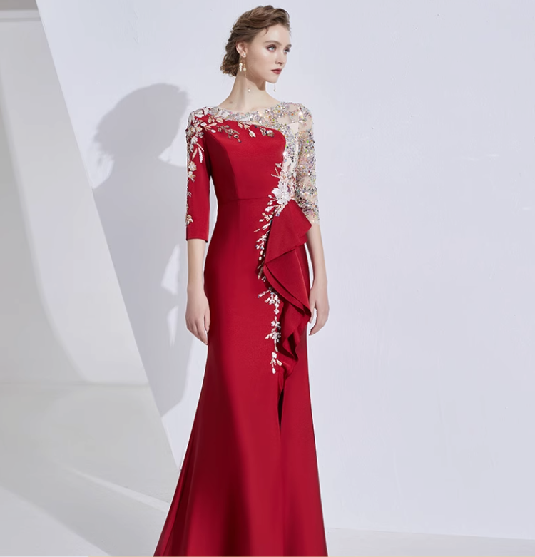 asymmetric gown with embroidered mesh bodice and ruffle trim - ELARA
