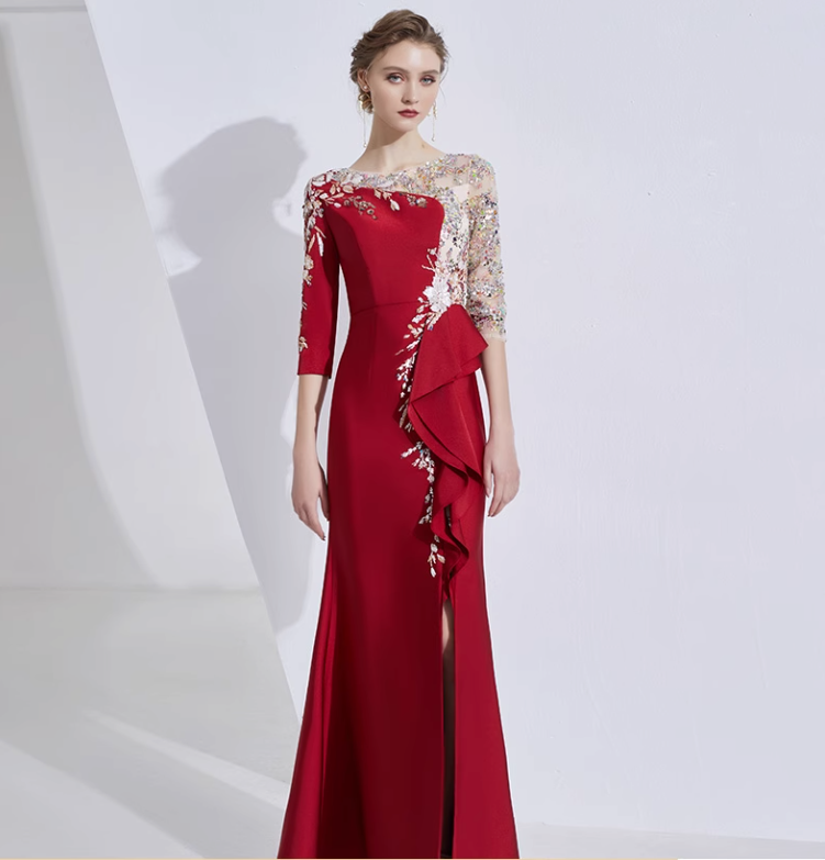 asymmetric gown with embroidered mesh bodice and ruffle trim - ELARA