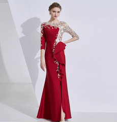 asymmetric gown with embroidered mesh bodice and ruffle trim - ELARA