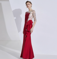 asymmetric gown with embroidered mesh bodice and ruffle trim - ELARA
