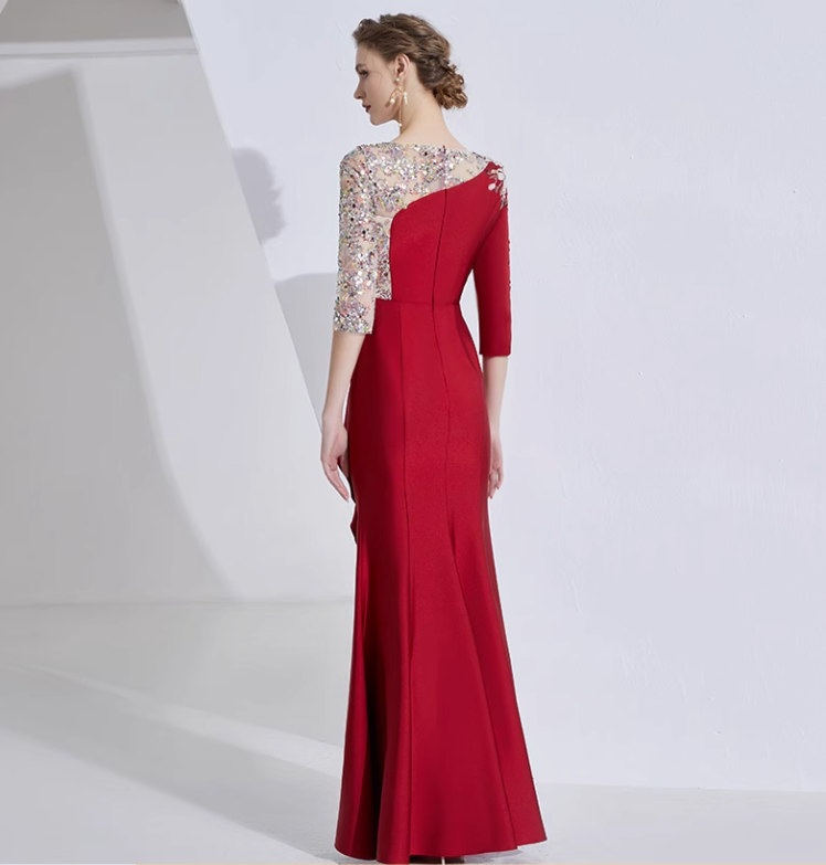 asymmetric gown with embroidered mesh bodice and ruffle trim - ELARA