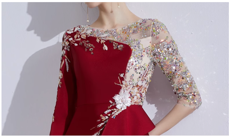 asymmetric gown with embroidered mesh bodice and ruffle trim - ELARA