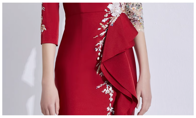 asymmetric gown with embroidered mesh bodice and ruffle trim - ELARA