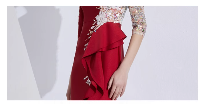 asymmetric gown with embroidered mesh bodice and ruffle trim - ELARA