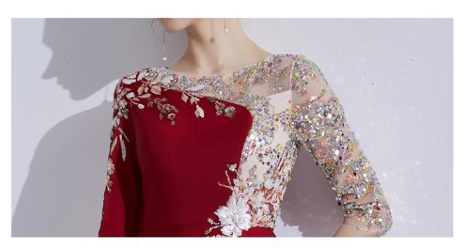 asymmetric gown with embroidered mesh bodice and ruffle trim - ELARA