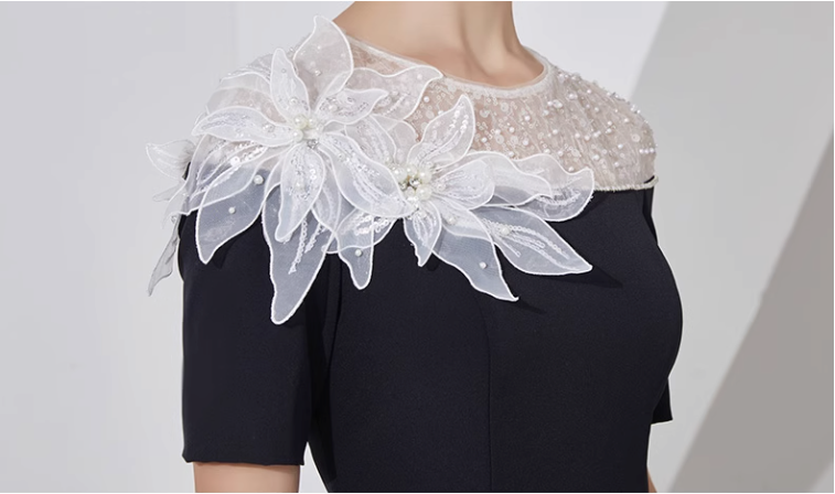 midi flare dress with sheer sequin neckline and floral appliqué - LILIA