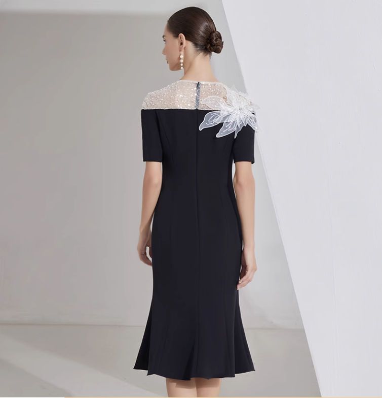 midi flare dress with sheer sequin neckline and floral appliqué - LILIA