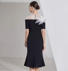midi flare dress with sheer sequin neckline and floral appliqué - LILIA