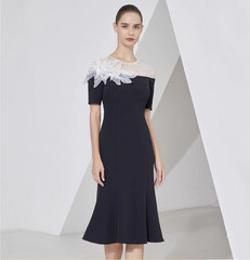 midi flare dress with sheer sequin neckline and floral appliqué - LILIA