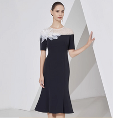 midi flare dress with sheer sequin neckline and floral appliqué - LILIA