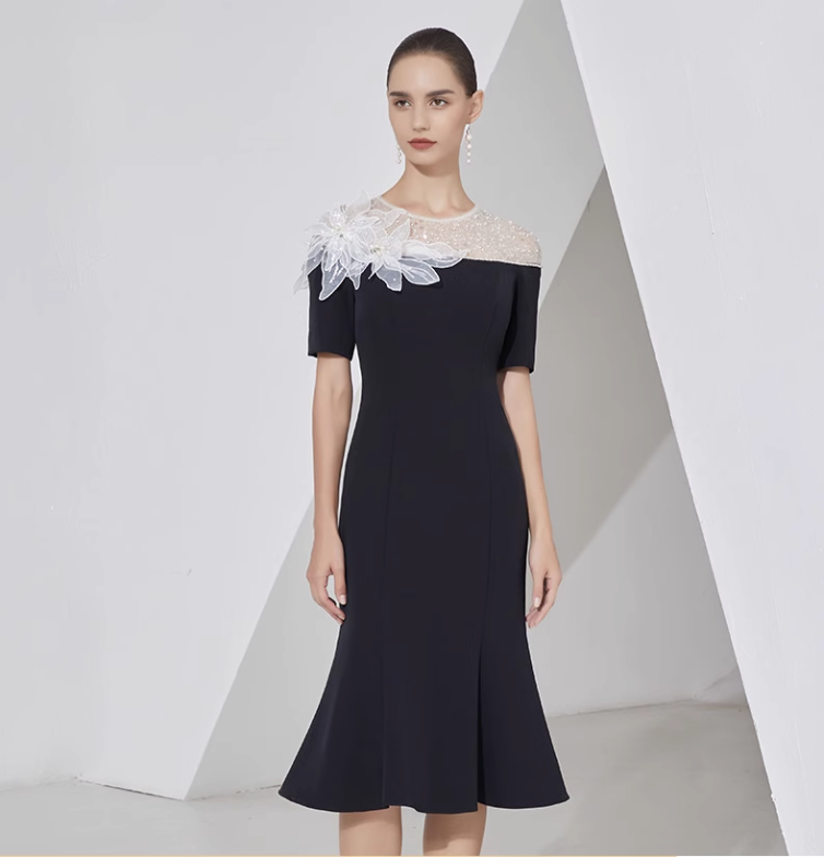 midi flare dress with sheer sequin neckline and floral appliqué - LILIA