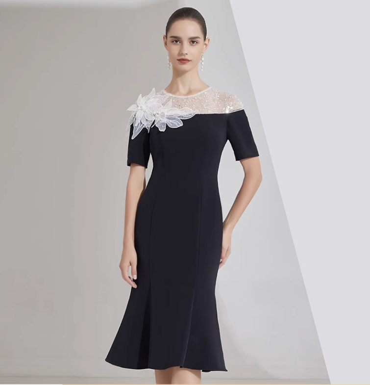 midi flare dress with sheer sequin neckline and floral appliqué - LILIA