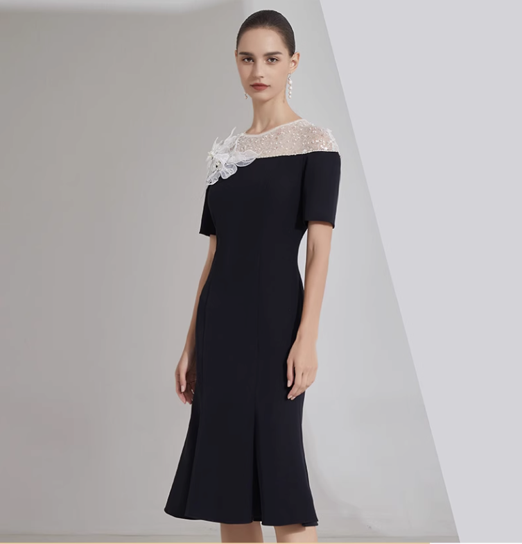 midi flare dress with sheer sequin neckline and floral appliqué - LILIA