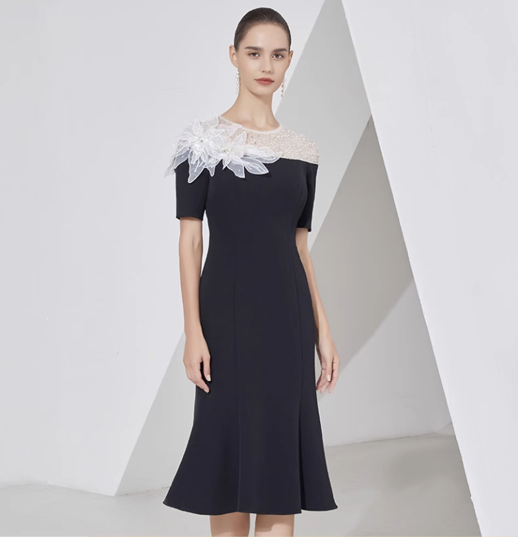 midi flare dress with sheer sequin neckline and floral appliqué - LILIA