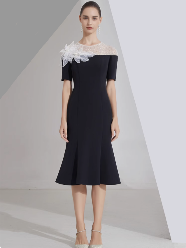 midi flare dress with sheer sequin neckline and floral appliqué - LILIA