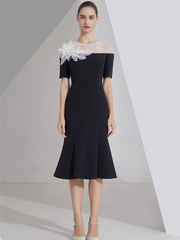 midi flare dress with sheer sequin neckline and floral appliqué - LILIA