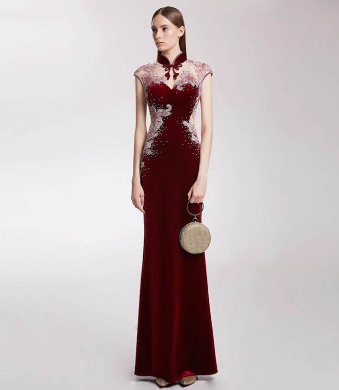 velvet qipao dress with illusion mesh and embroidery - MEI