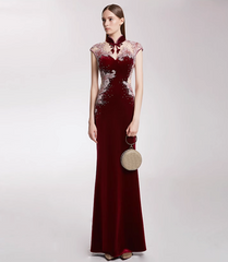 velvet qipao dress with illusion mesh and embroidery - MEI