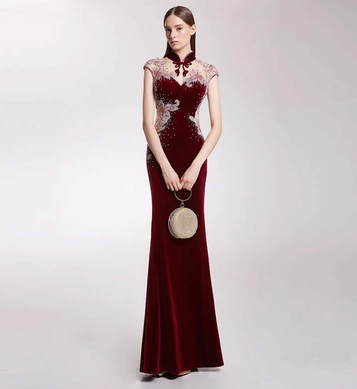 velvet qipao dress with illusion mesh and embroidery - MEI