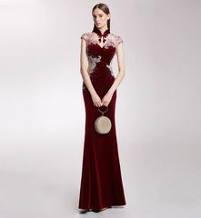 velvet qipao dress with illusion mesh and embroidery - MEI