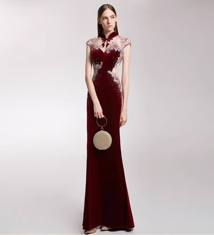 velvet qipao dress with illusion mesh and embroidery - MEI
