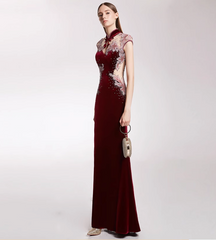 velvet qipao dress with illusion mesh and embroidery - MEI
