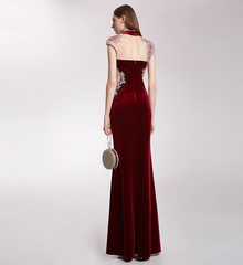 velvet qipao dress with illusion mesh and embroidery - MEI