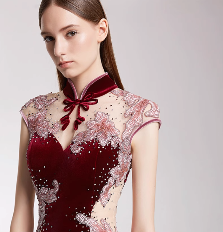 velvet qipao dress with illusion mesh and embroidery - MEI