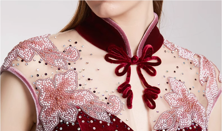 velvet qipao dress with illusion mesh and embroidery - MEI