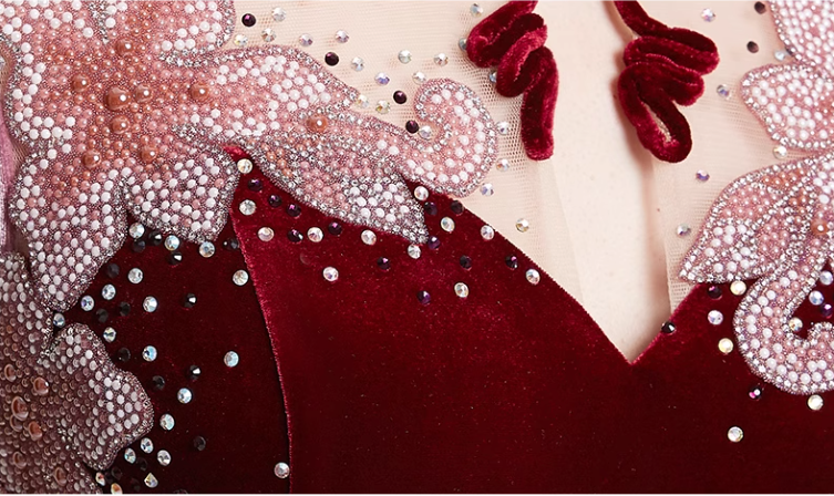 velvet qipao dress with illusion mesh and embroidery - MEI