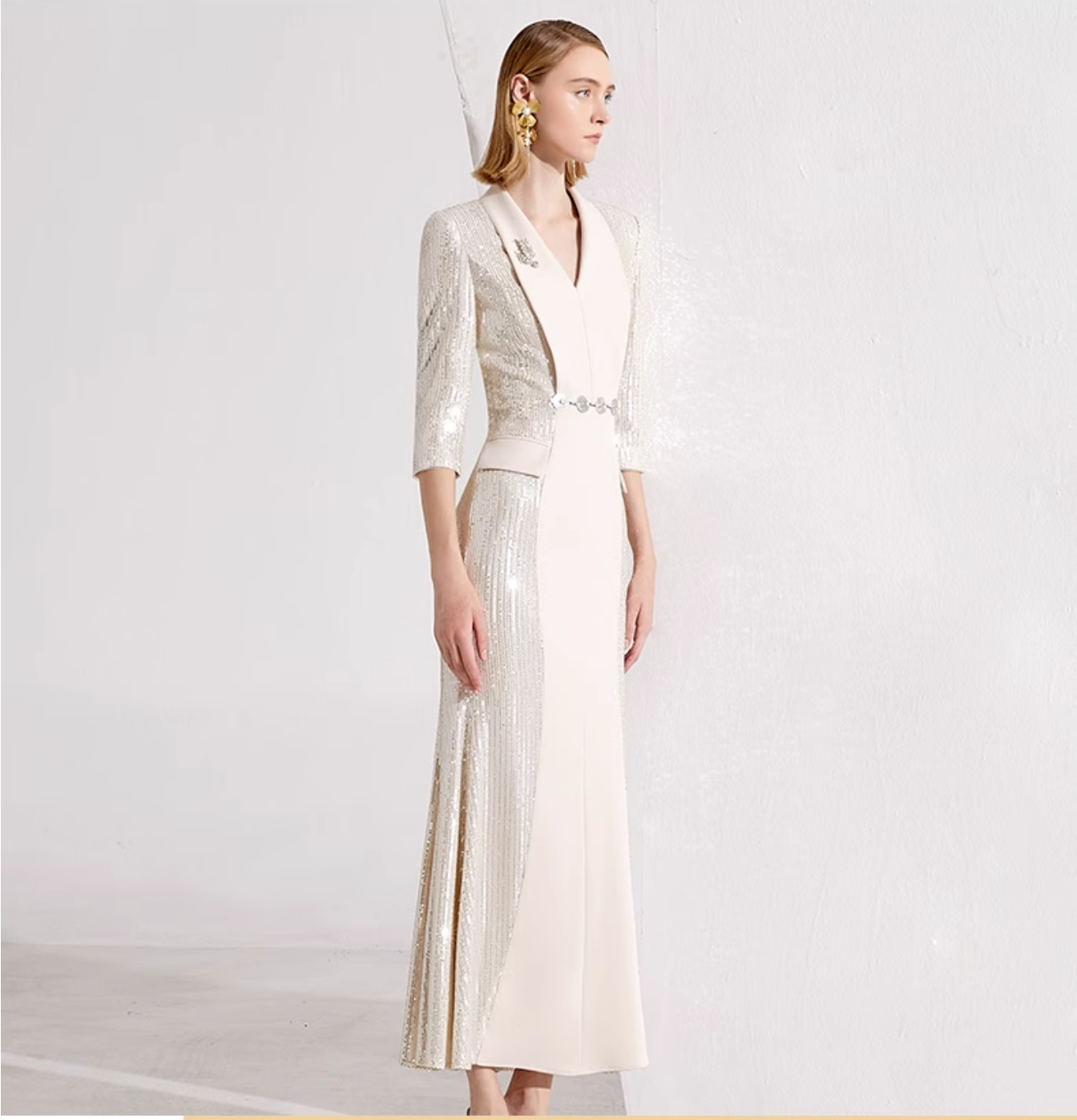 v-neck column dress with sequin sleeves and waist belt - ARYA