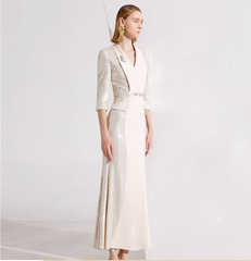 v-neck column dress with sequin sleeves and waist belt - ARYA