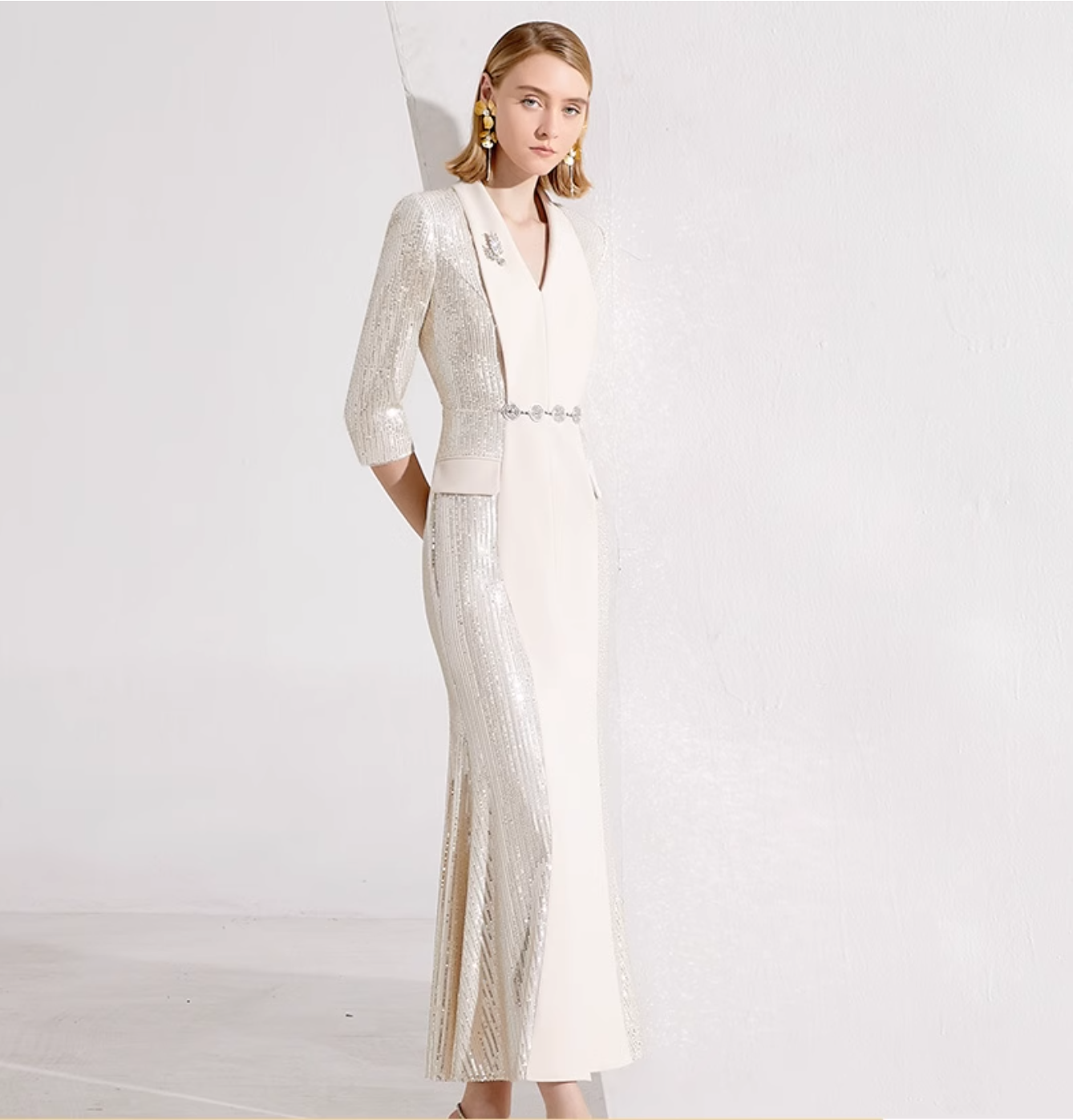 v-neck column dress with sequin sleeves and waist belt - ARYA