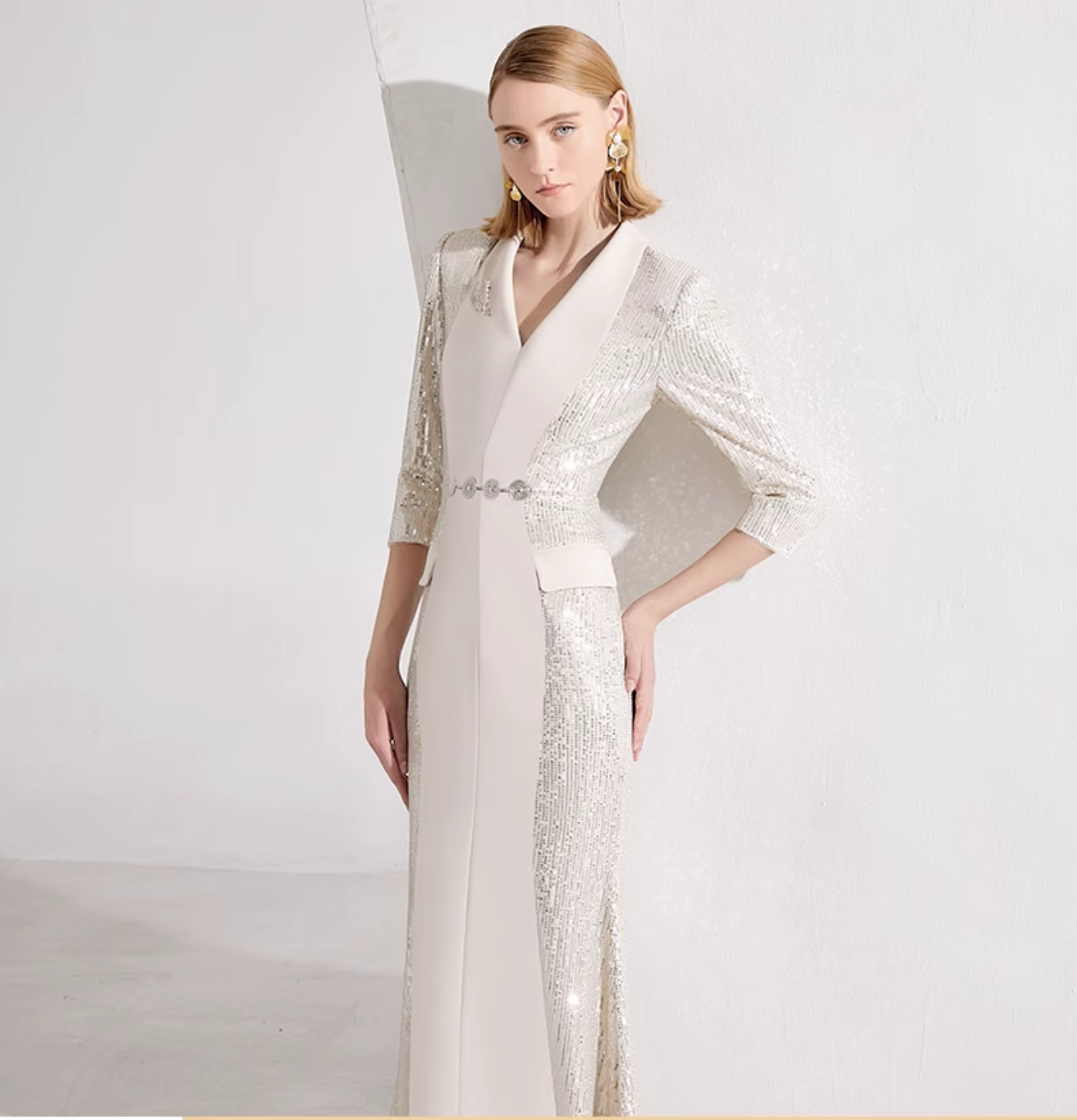 v-neck column dress with sequin sleeves and waist belt - ARYA