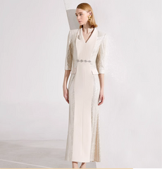 v-neck column dress with sequin sleeves and waist belt - ARYA