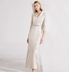 v-neck column dress with sequin sleeves and waist belt - ARYA