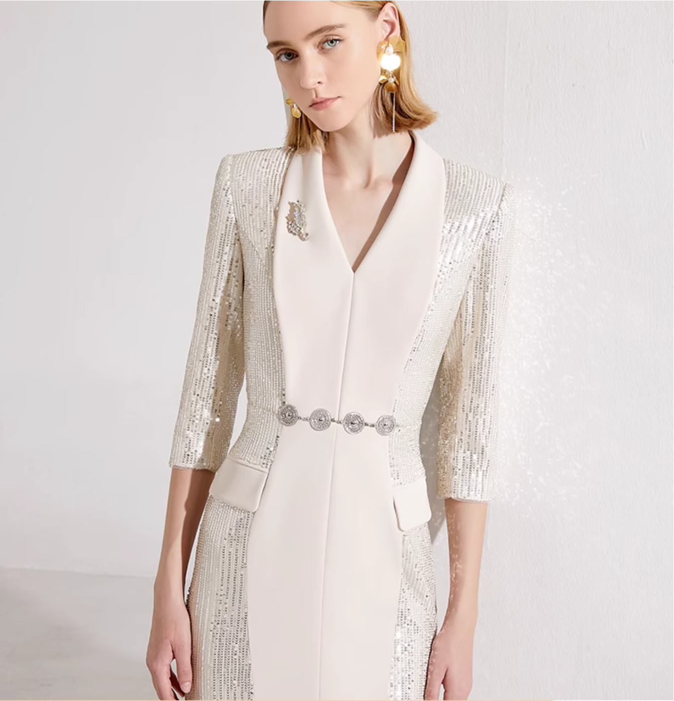 v-neck column dress with sequin sleeves and waist belt - ARYA