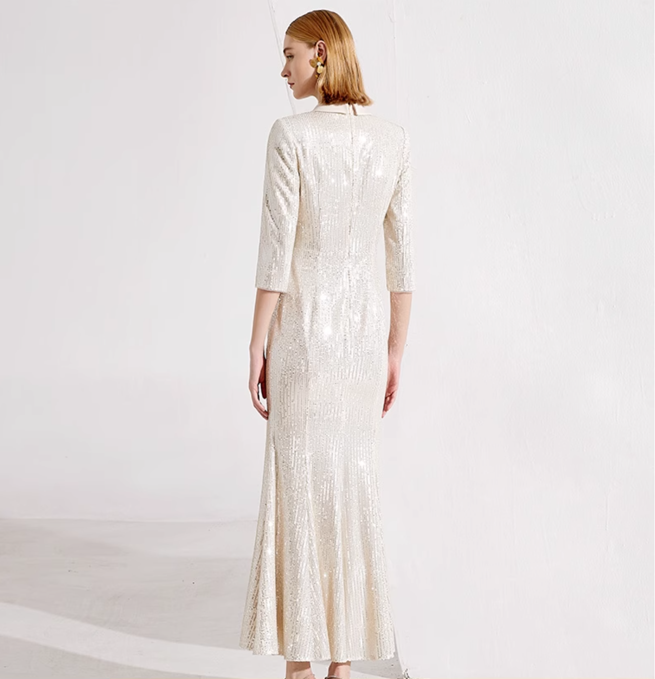 v-neck column dress with sequin sleeves and waist belt - ARYA