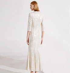 v-neck column dress with sequin sleeves and waist belt - ARYA