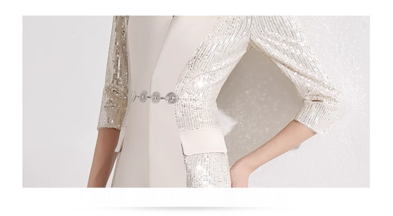 v-neck column dress with sequin sleeves and waist belt - ARYA