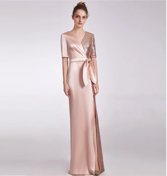 satin wrap dress with sequin panel and side slit - AURORA