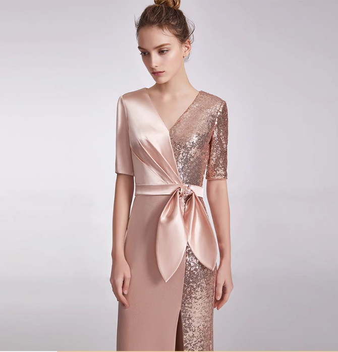 satin wrap dress with sequin panel and side slit - AURORA