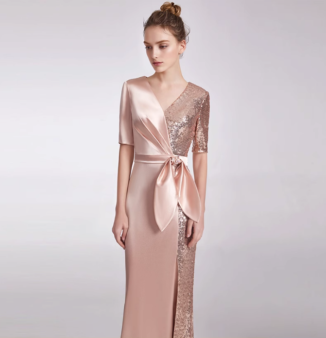 satin wrap dress with sequin panel and side slit - AURORA