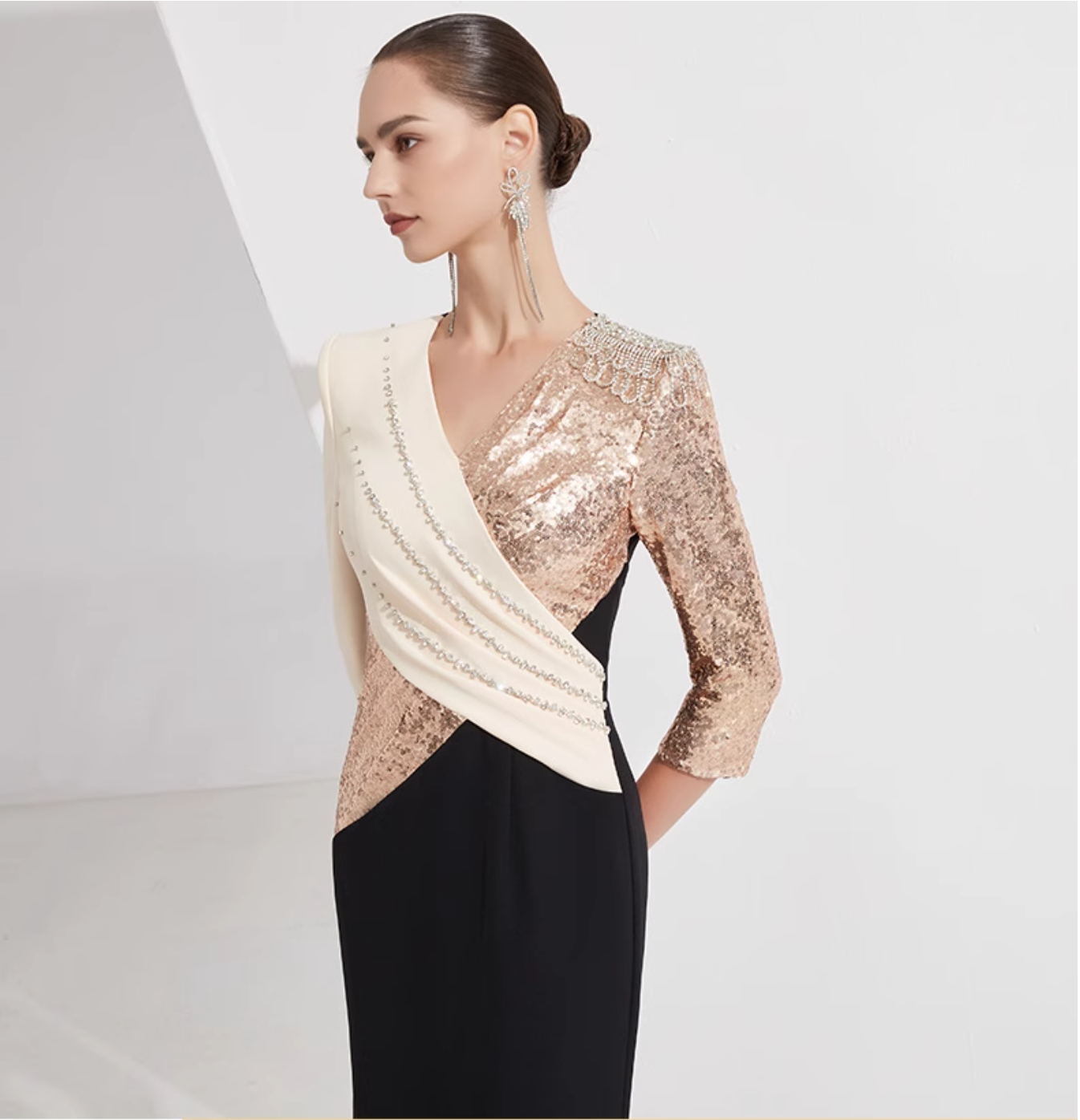 colorblock mermaid dress with sequin wrap bodice - VERA