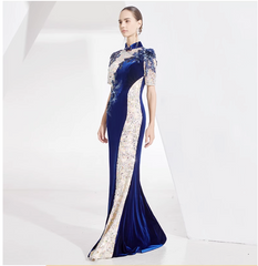 velvet qipao dress with sequin contrast and floral appliqué - JIN