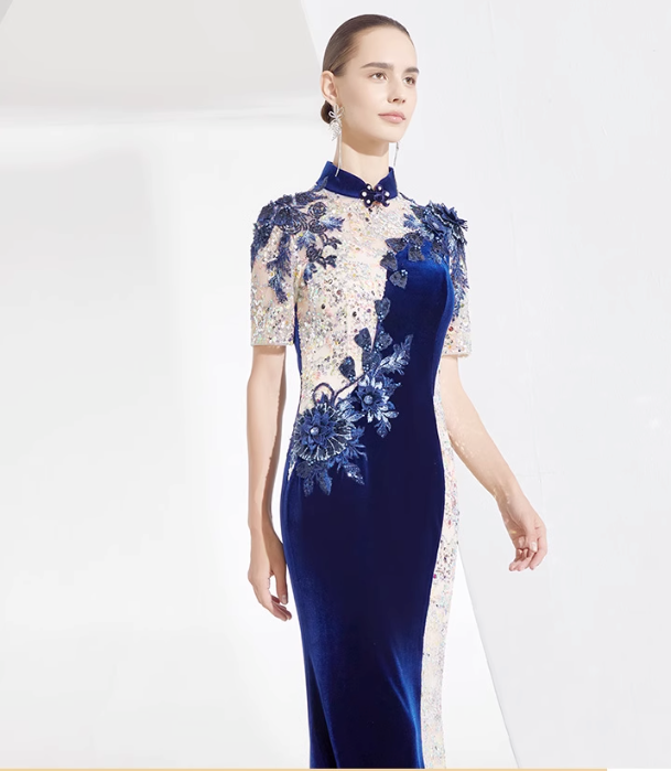 velvet qipao dress with sequin contrast and floral appliqué - JIN