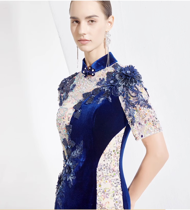 velvet qipao dress with sequin contrast and floral appliqué - JIN