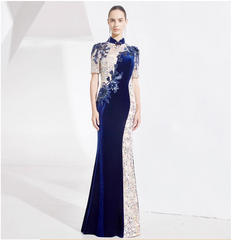 velvet qipao dress with sequin contrast and floral appliqué - JIN