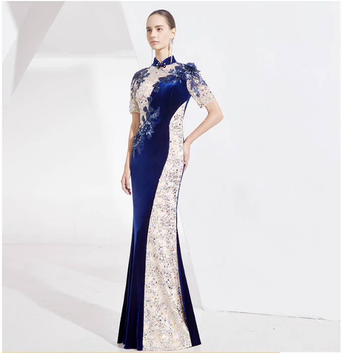 velvet qipao dress with sequin contrast and floral appliqué - JIN